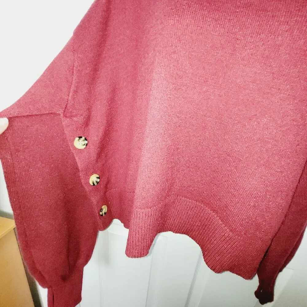 The Drop Lucyswhims Sweater Large Red Side Button Turtleneck Cropped Balloon - Picture 2 of 12